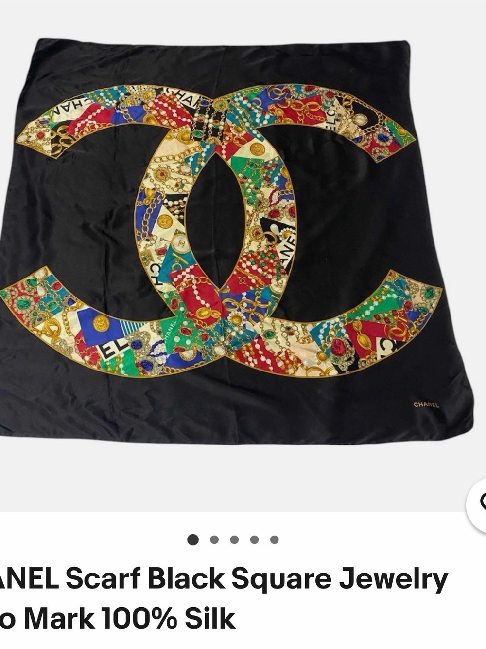CHANEL Black Silk Scarf with Multicolor CC Motif